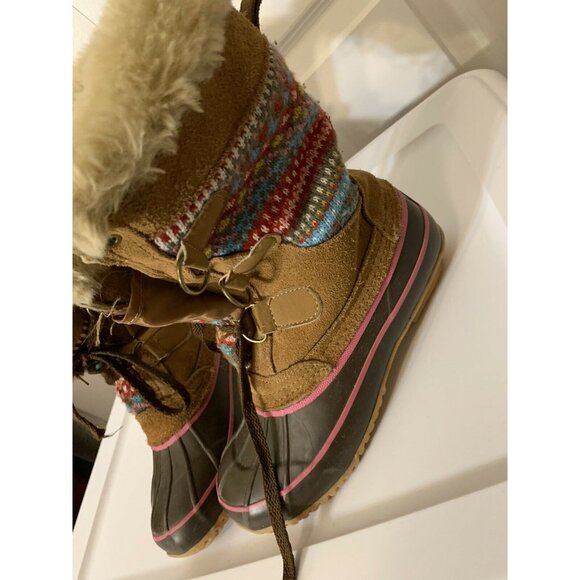 KHOMBU Sweater Duck Boot Leather Aztec Faux Fur Lace Up Tan Women SIZE 4 - Picture 2 of 6